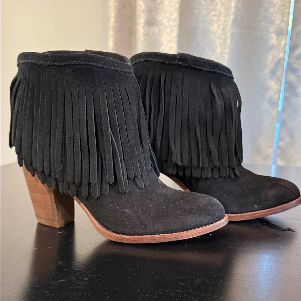 Fringe Black Suede Ankle Boots